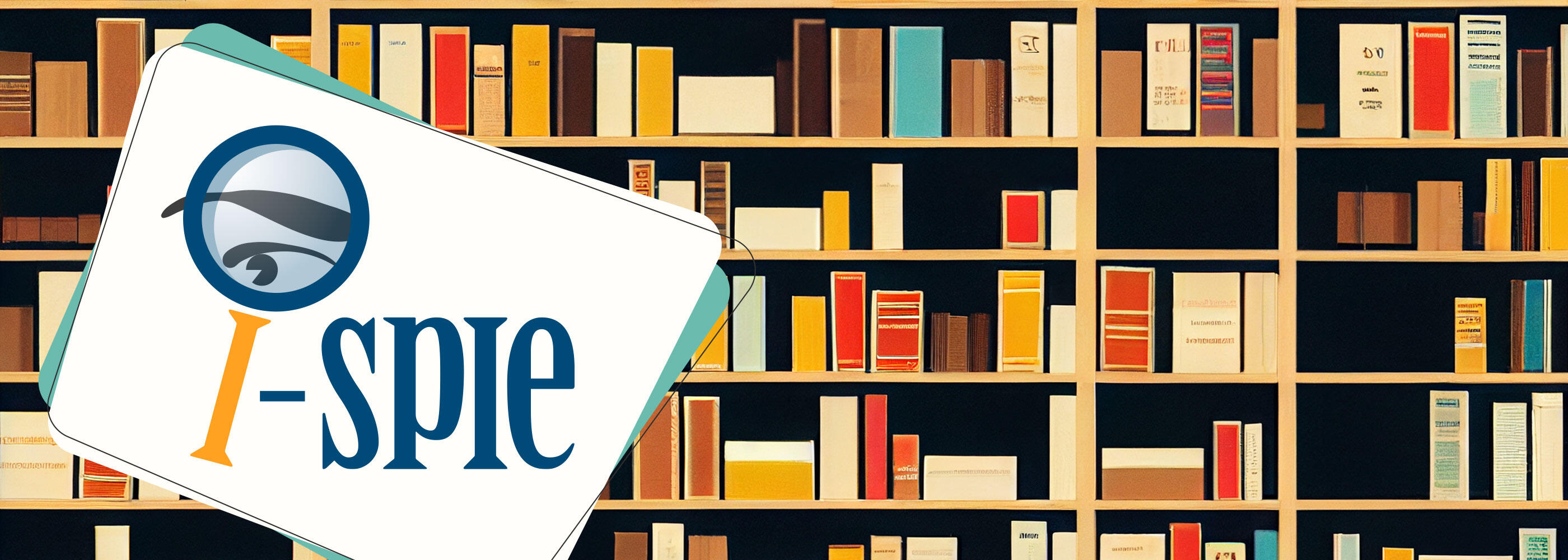 Illustration of library shelves with i-spie logo