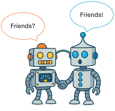 Friendly robots where a short orange accented one asks a tall blue accented one to be friends. The blue accented robot says "Friends!"
