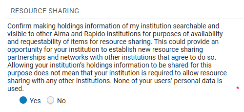 The Resource Sharing Data Profile with Yes selected. 
