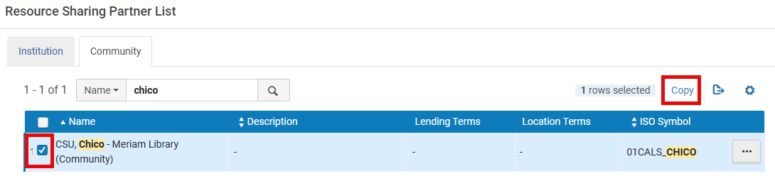 An example of a search in the Resource Sharing Partner List with the checkbox and Copy links highlighted with a red rectangle. 